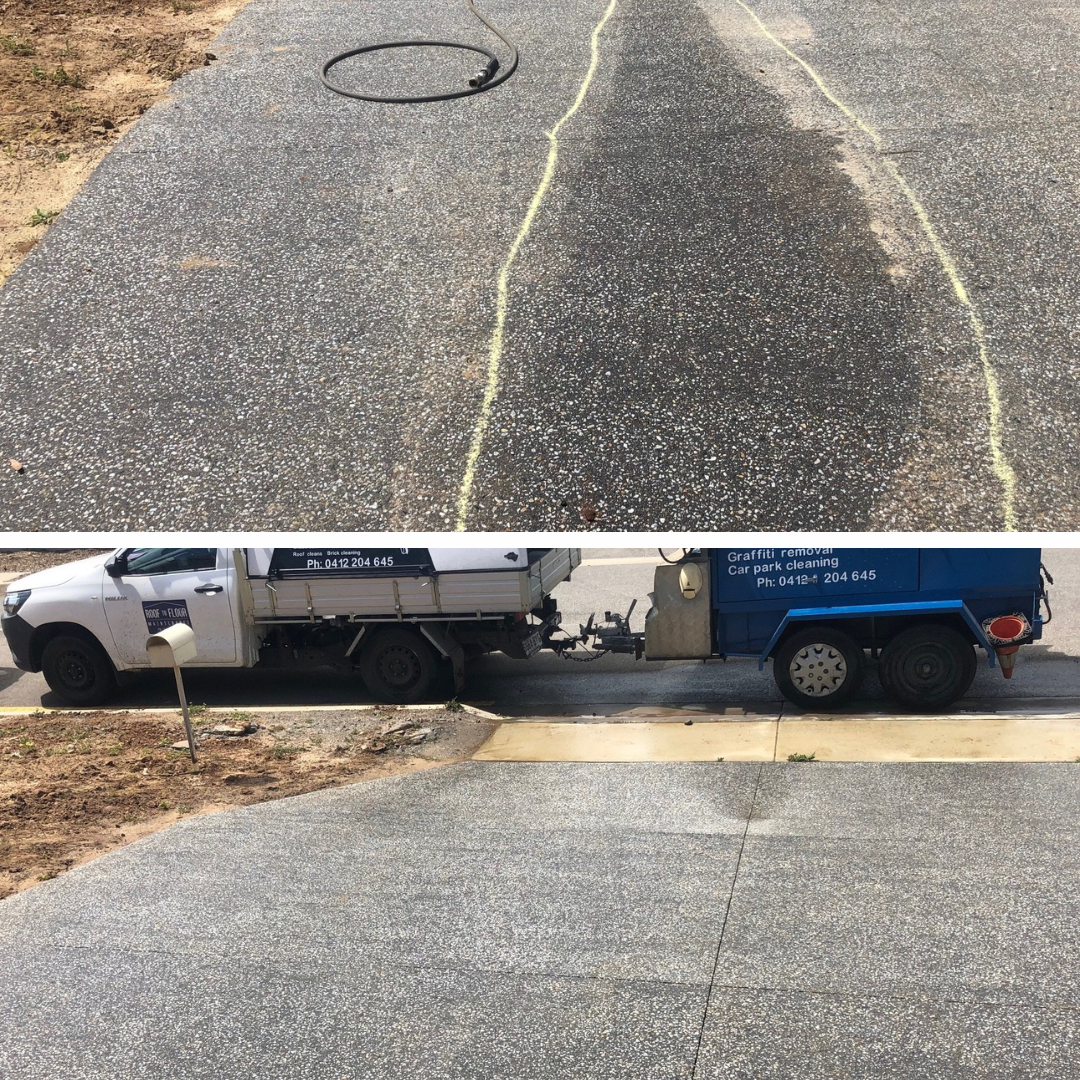 Roof-to-floor-driveway-clean-Adelaide Before and after shot of a grease stain on a concrete driveway. The after shot shows there is no longer a stain after being pressure cleaned