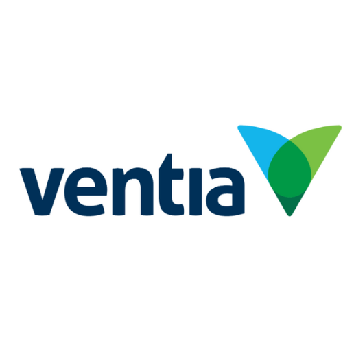 Ventia written in blue text against white background with a blue and green v at the end